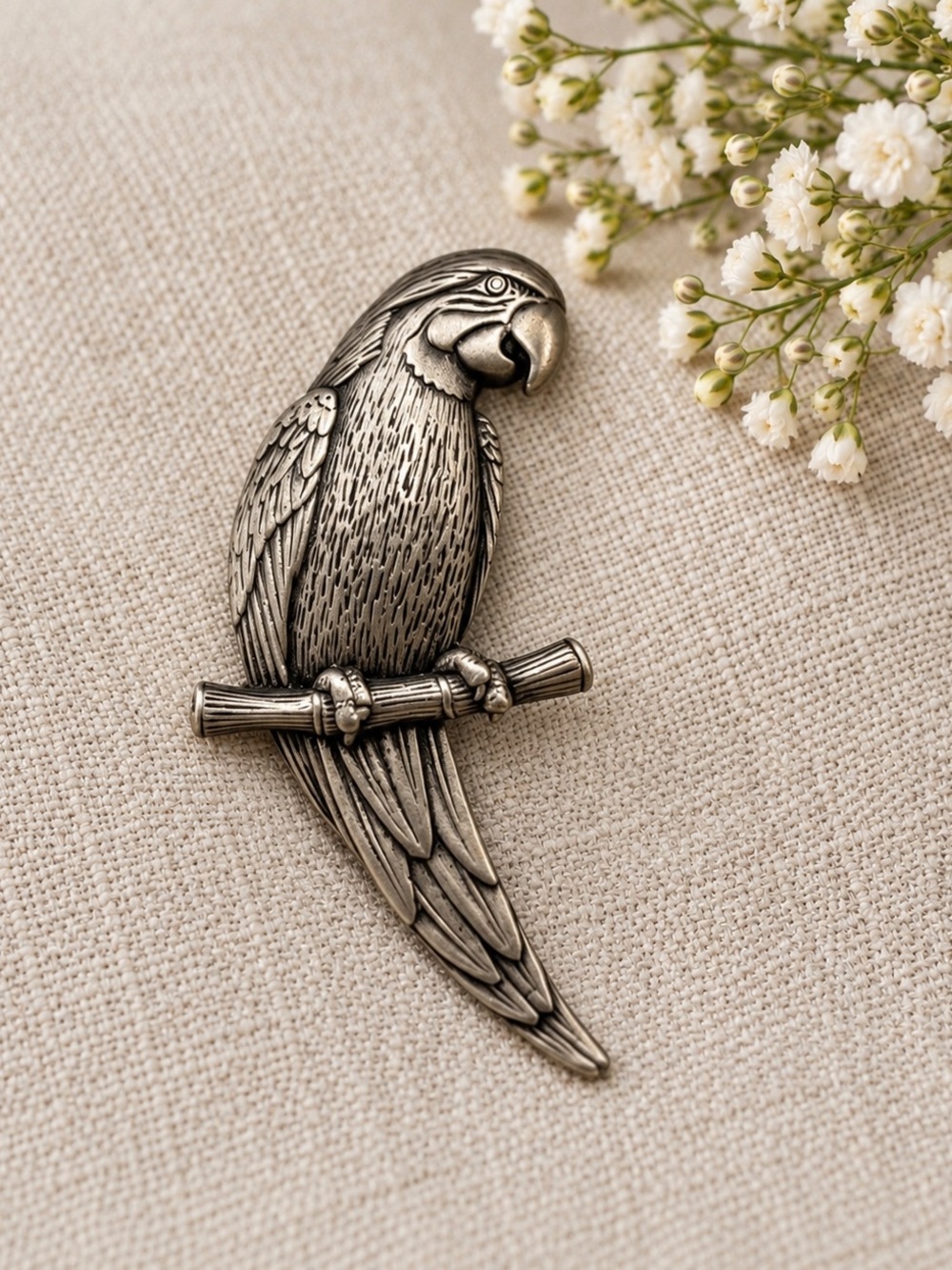 Vintage JJ Jonette Pewter Parrot Macaw on Branch Brooch Pin